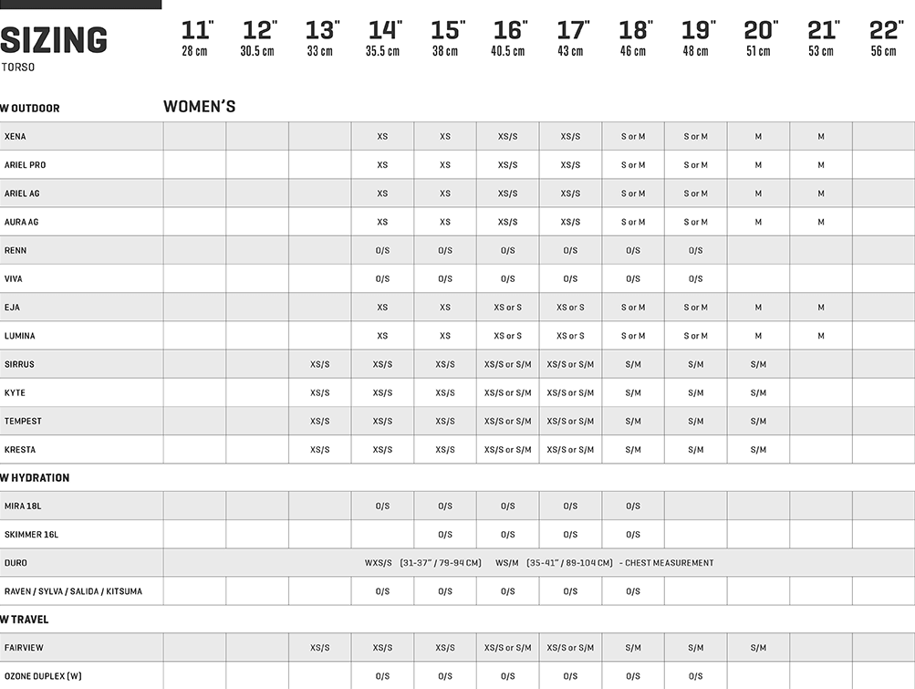 Osprey fairview deals size chart